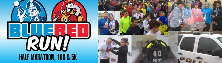 A collage of photos showing various individuals with text that reads: Blue Red Run! Half Marathon 10K and 5K.