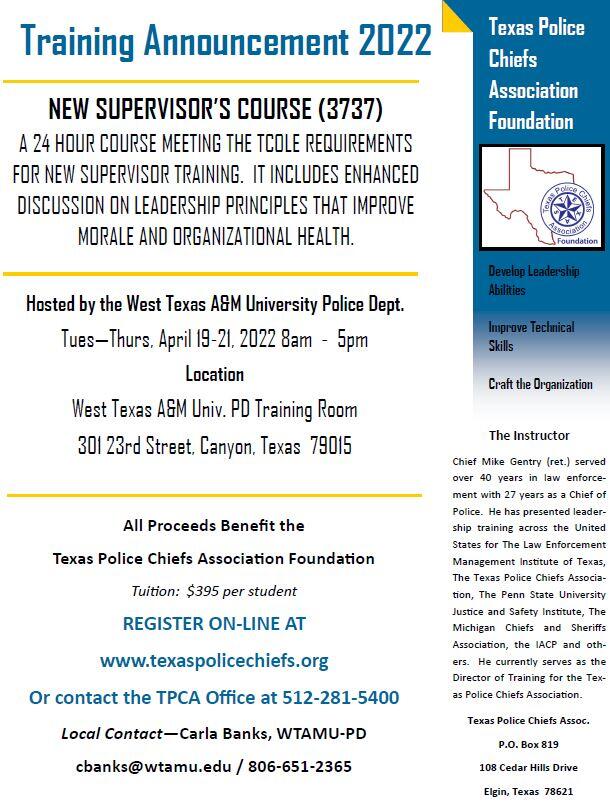 2022 New Supervisors Course (3737) - West Texas A&M PD - Canyon - Texas ...